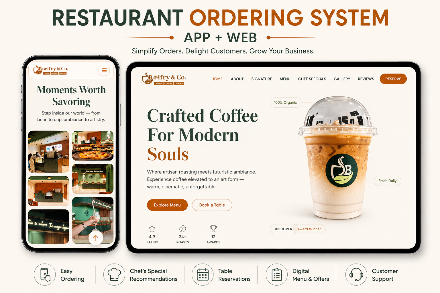 Cafe landing page with menu and branding